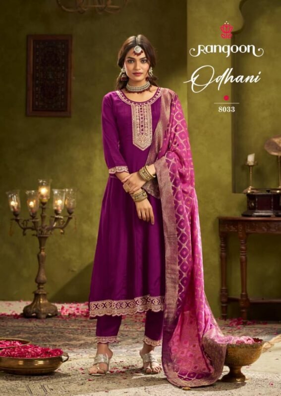 Latest Rangoon Odhani Chinon Silk With Fancy Work Kurti Pant And Dupatta Wholesale 2026