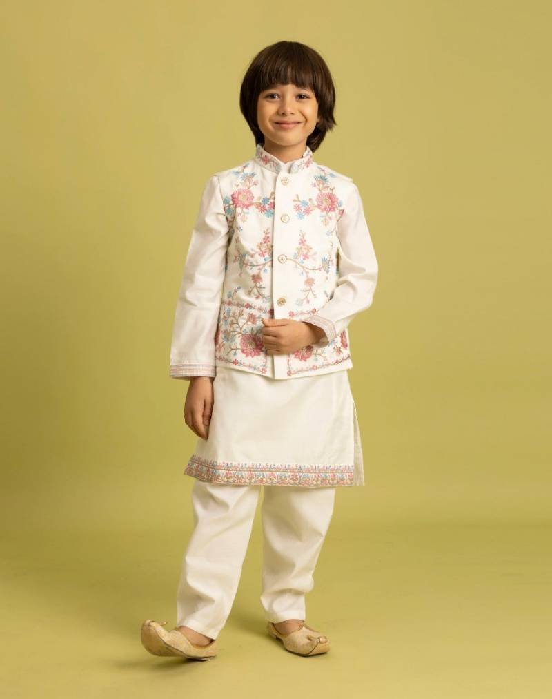 Clleora Nazrana Kids Viscose Silk Embroidered Work Kurta Pant And Koti Wholesale