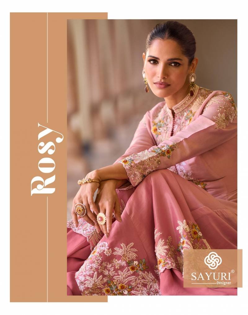 Sayuri Rosy Chinon Embroidered Designer Wear Top Bottom And Shrug Wholesale