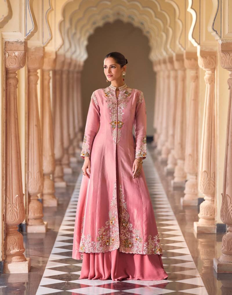Launching Sayuri Rosy Chinon Embroidered Designer Wear Top Bottom And Shrug Wholesale 2026