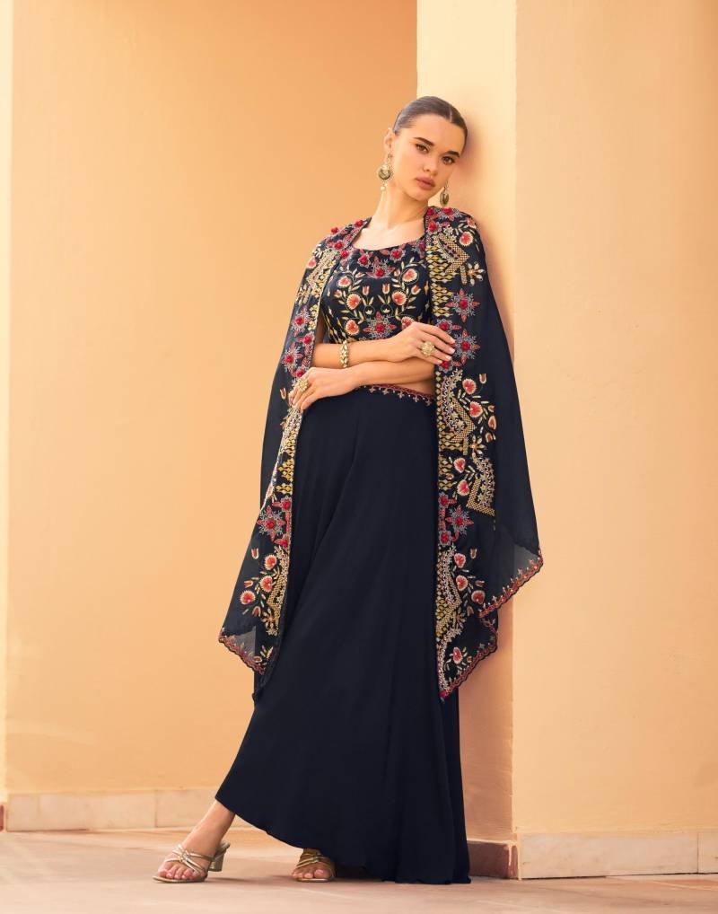 Launching Sayuri Rosy Chinon Embroidered Designer Wear Top Bottom And Shrug Wholesale 2026
