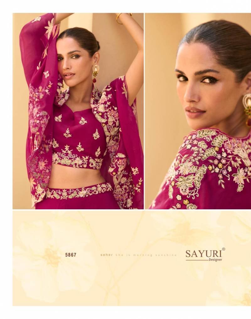 Launching Sayuri Rosy Chinon Embroidered Designer Wear Top Bottom And Shrug Wholesale 2026