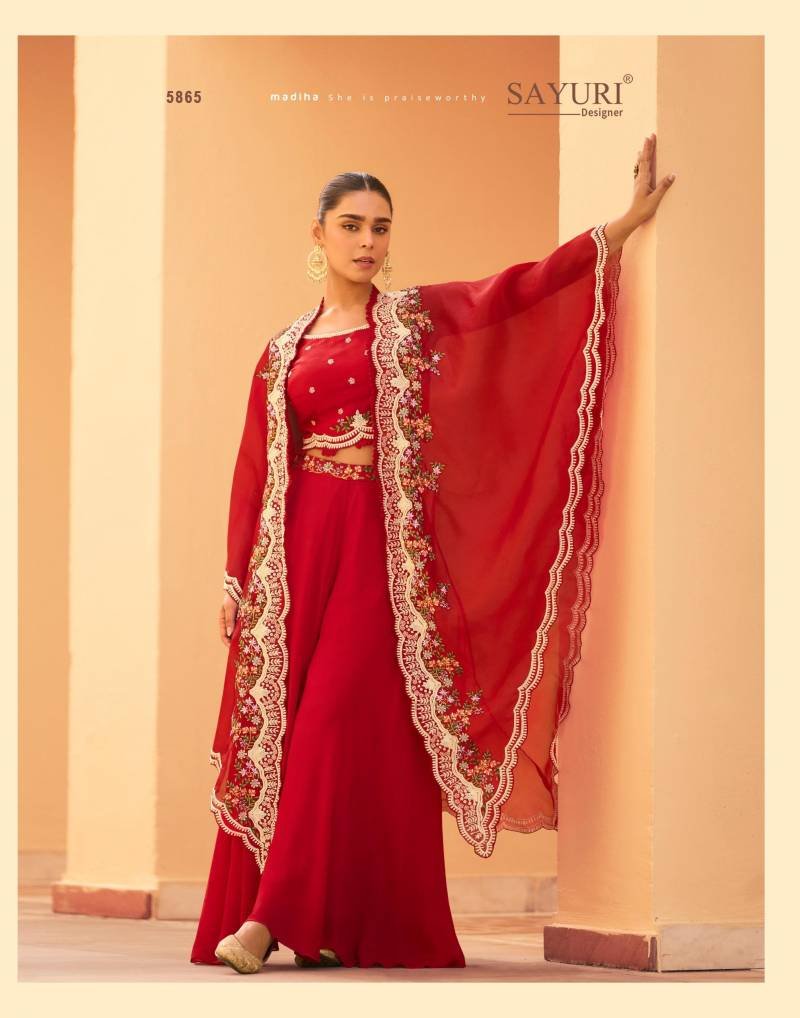 Launching Sayuri Rosy Chinon Embroidered Designer Wear Top Bottom And Shrug Wholesale 2026