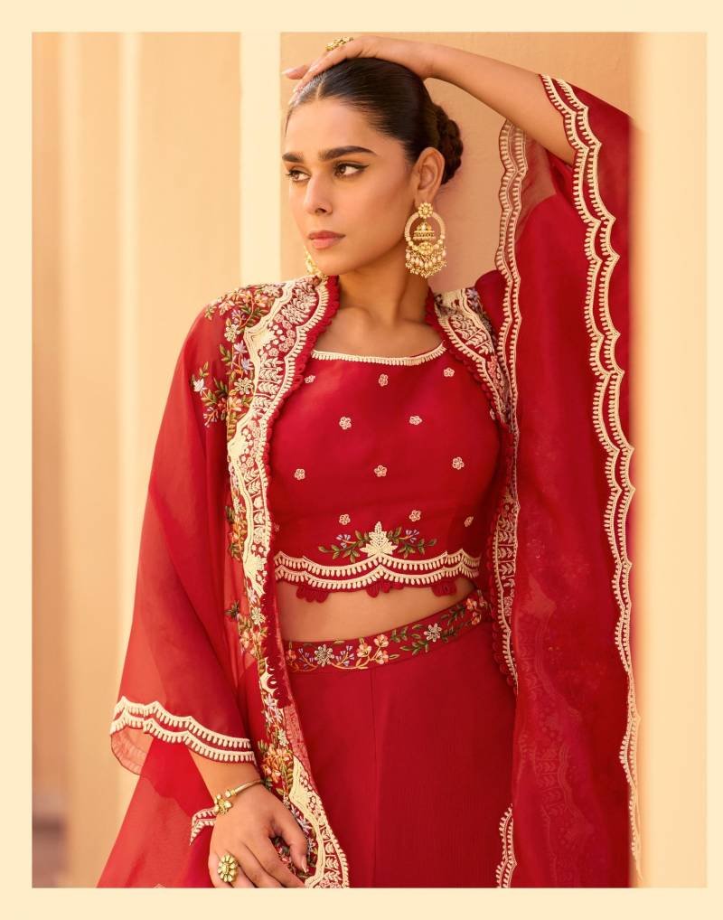 Launching Sayuri Rosy Chinon Embroidered Designer Wear Top Bottom And Shrug Wholesale 2026