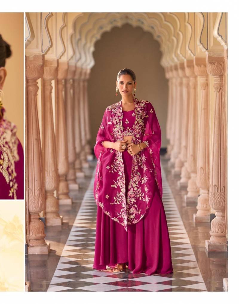 Launching Sayuri Rosy Chinon Embroidered Designer Wear Top Bottom And Shrug Wholesale 2026