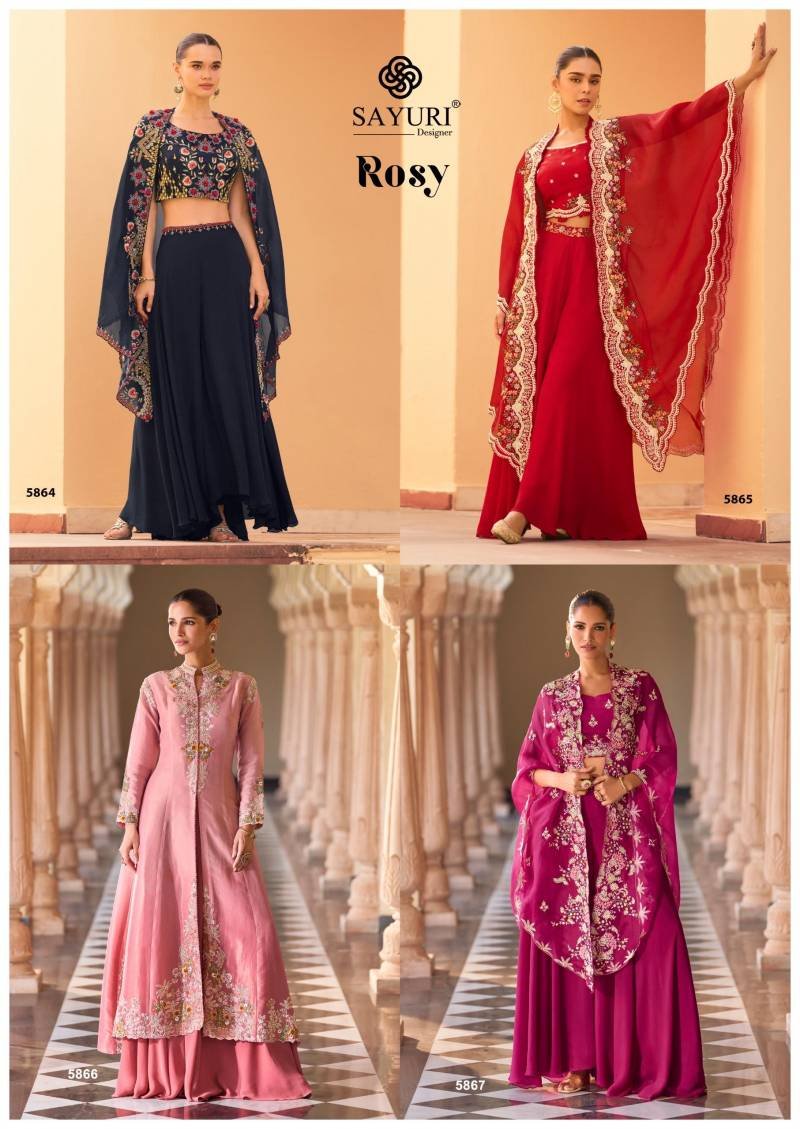 Launching Sayuri Rosy Chinon Embroidered Designer Wear Top Bottom And Shrug Wholesale 2026