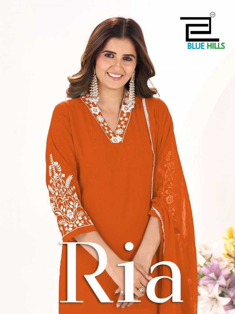 Blue Hills Ria Rayon With Thread Work Kurti Pant And Dupatta Wholesale