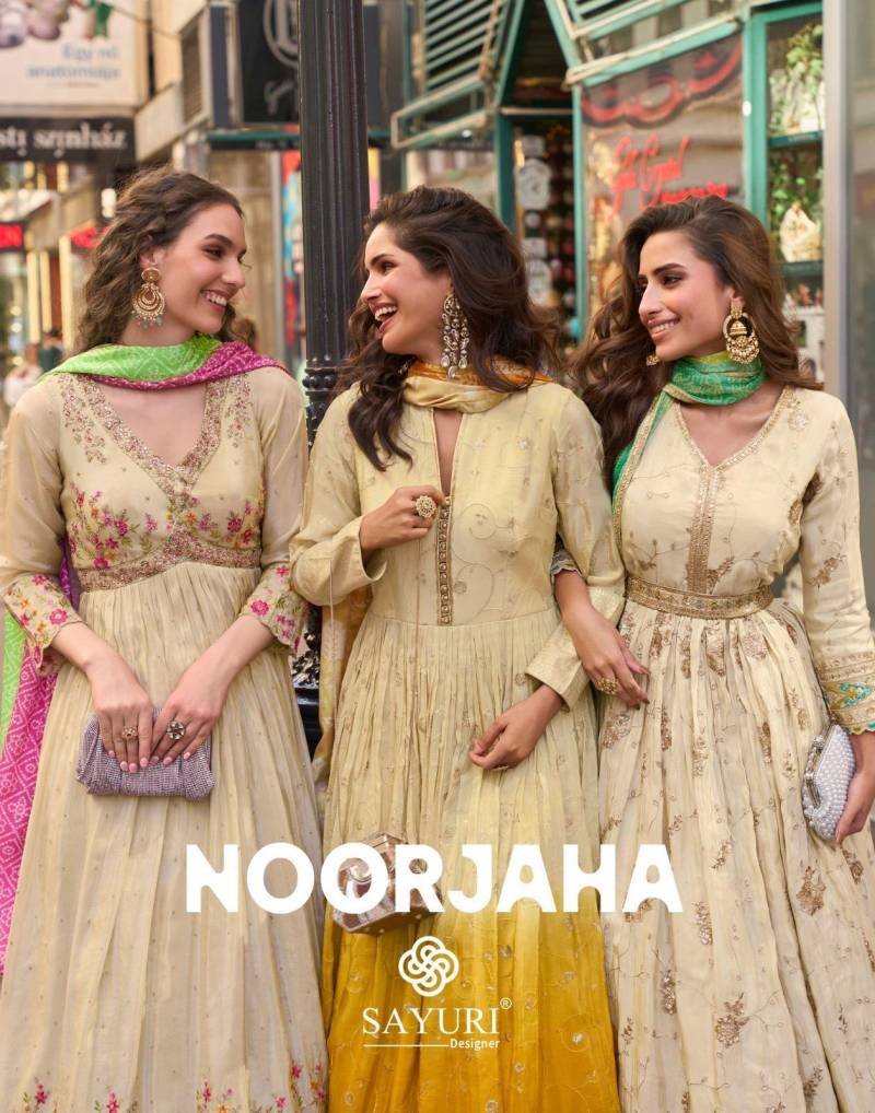Sayuri Noorjaha Simar Silk Embroidered Work Designer Gown And Dupatta Wholesale