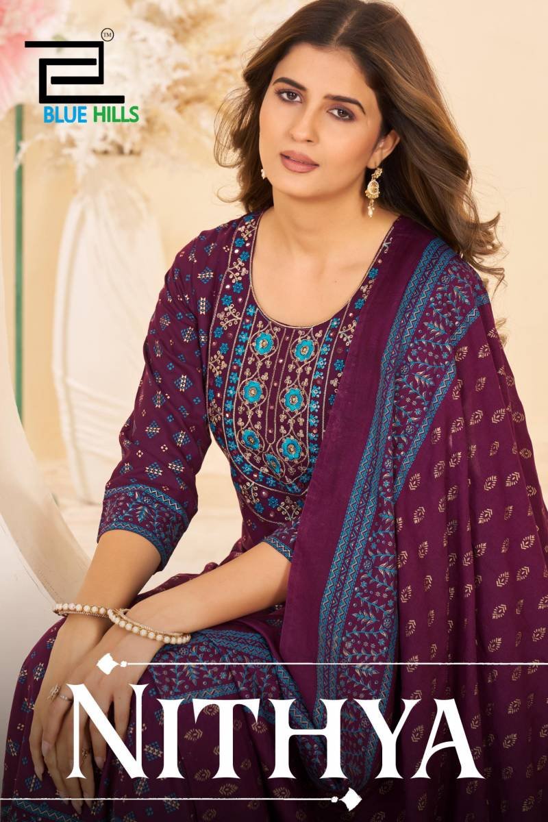 Blue Hills Nithya Anarkali Rayon Foil Print Anarkali Gown And Dupatta Wholesale