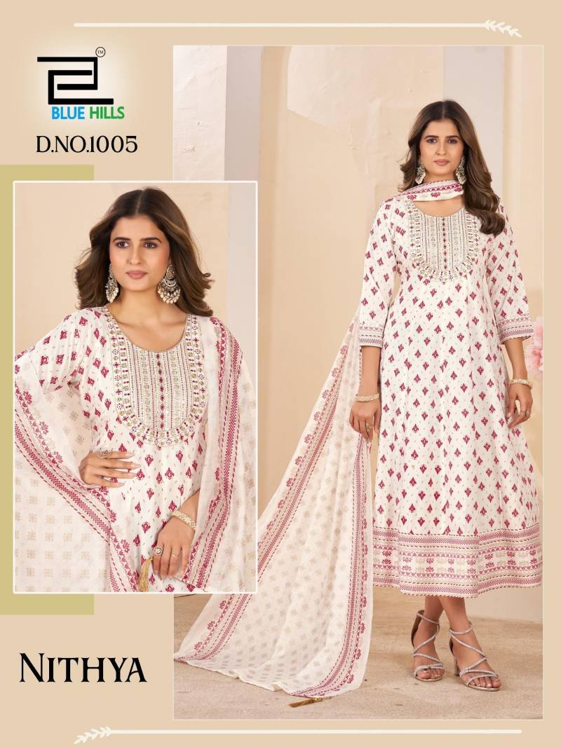 Beautiful Blue Hills Nithya Anarkali Rayon Foil Print Anarkali Gown And Dupatta Wholesale 2026