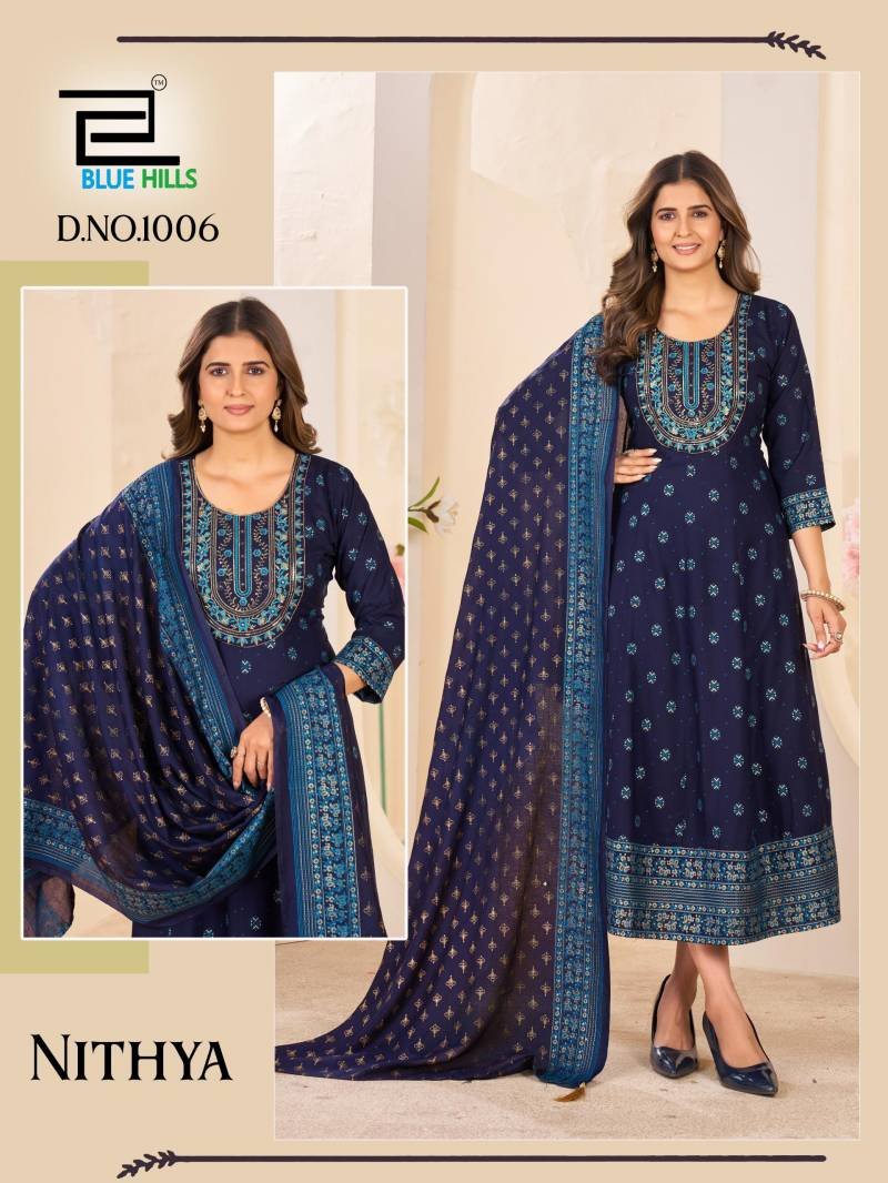 Beautiful Blue Hills Nithya Anarkali Rayon Foil Print Anarkali Gown And Dupatta Wholesale 2026