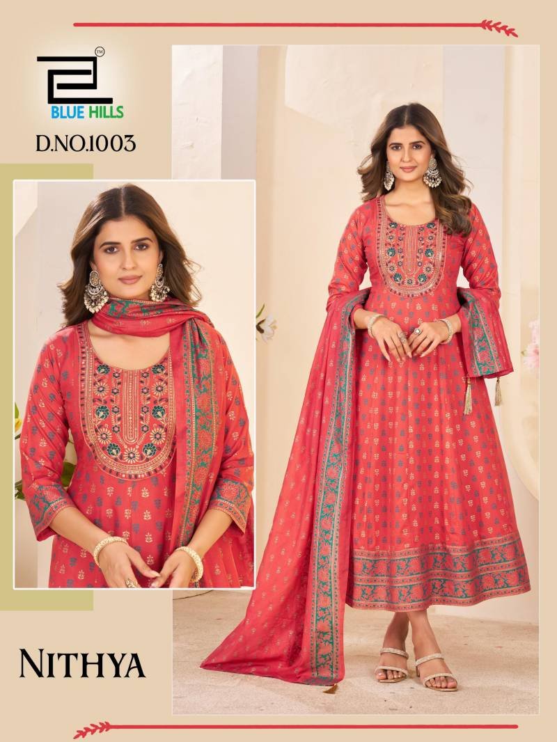 Beautiful Blue Hills Nithya Anarkali Rayon Foil Print Anarkali Gown And Dupatta Wholesale 2026