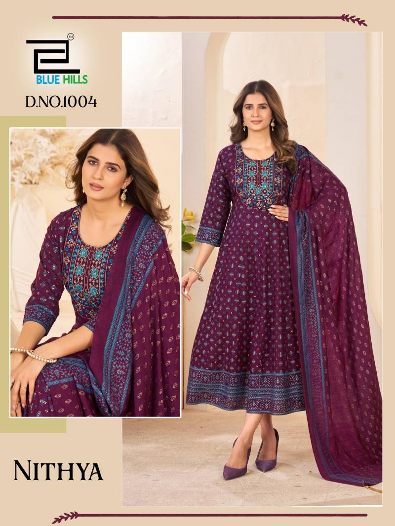 Beautiful Blue Hills Nithya Anarkali Rayon Foil Print Anarkali Gown And Dupatta Wholesale 2026