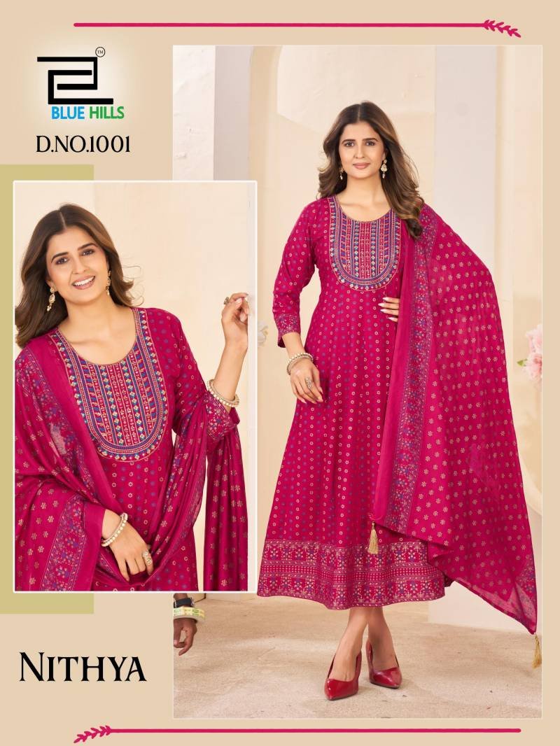 Beautiful Blue Hills Nithya Anarkali Rayon Foil Print Anarkali Gown And Dupatta Wholesale 2026