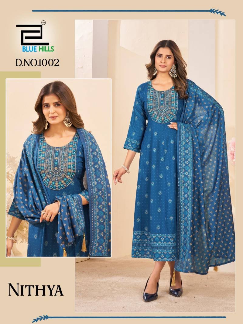 Beautiful Blue Hills Nithya Anarkali Rayon Foil Print Anarkali Gown And Dupatta Wholesale 2026