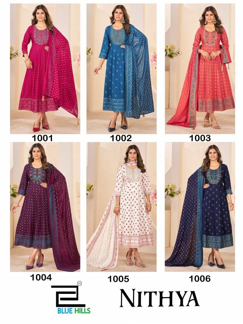 Beautiful Blue Hills Nithya Anarkali Rayon Foil Print Anarkali Gown And Dupatta Wholesale 2026