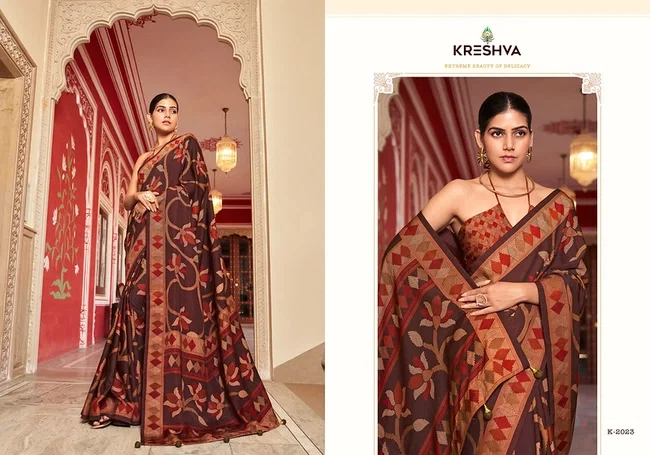 Launching Kreshva Aarini Designer Silk Saree With Flower Print Saree Collection Wholesale 2026