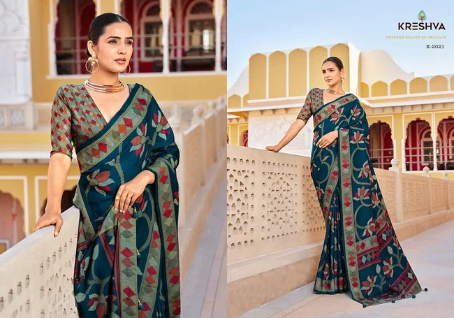 Launching Kreshva Aarini Designer Silk Saree With Flower Print Saree Collection Wholesale 2026