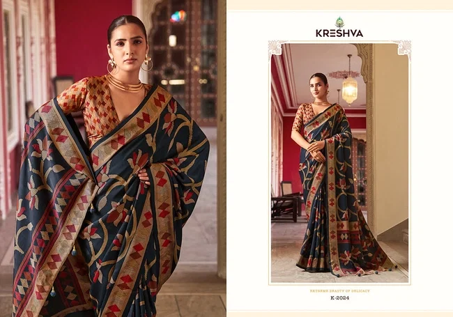 Launching Kreshva Aarini Designer Silk Saree With Flower Print Saree Collection Wholesale 2026