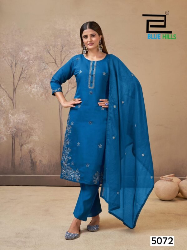 Latest Blue Hills Hiba Roman Silk Embroidery Work Kurti Pant And Dupatta Wholesale 2026