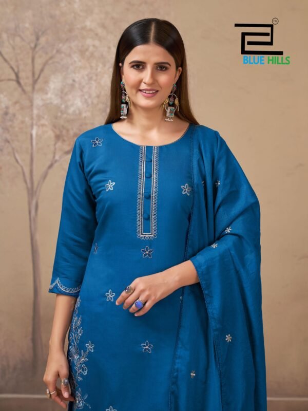 Latest Blue Hills Hiba Roman Silk Embroidery Work Kurti Pant And Dupatta Wholesale 2026