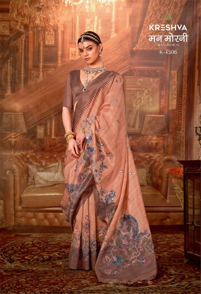 Stylish Kreshva Man Morni P.V. Silk With Kalmakari Design Saree Wholesale 2026