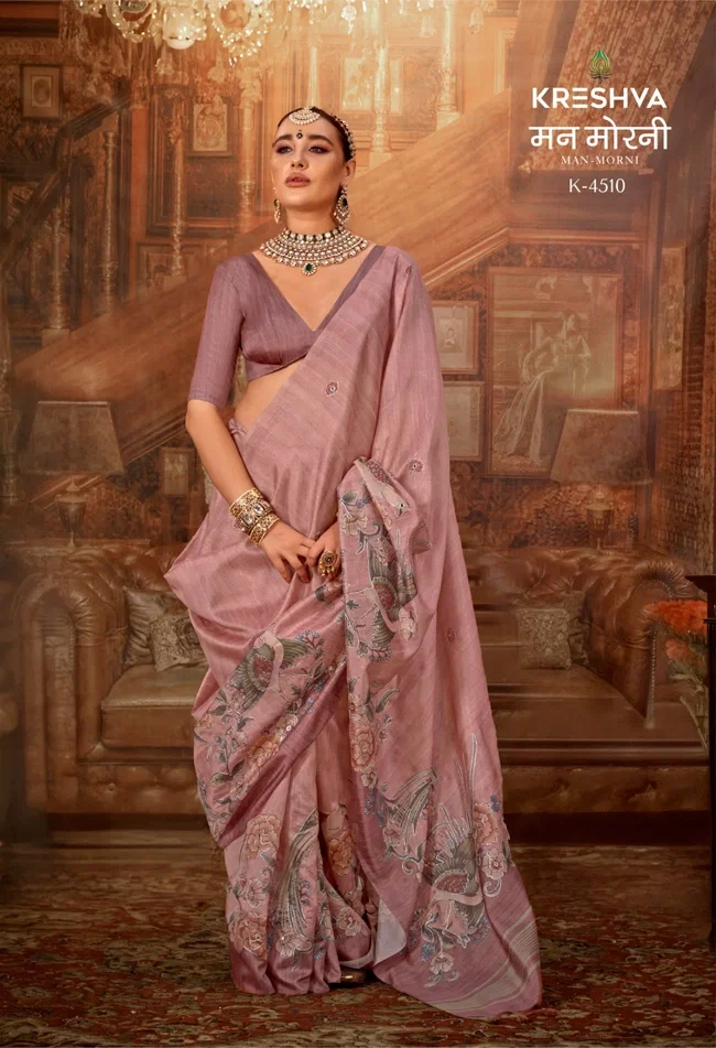 Stylish Kreshva Man Morni P.V. Silk With Kalmakari Design Saree Wholesale 2026