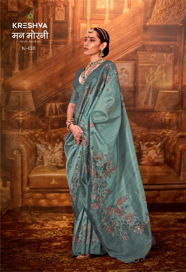Stylish Kreshva Man Morni P.V. Silk With Kalmakari Design Saree Wholesale 2026