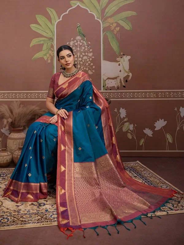 Rajtex Kontessa Temple Tussar Silk Handloom Weaving Saree Wholesale