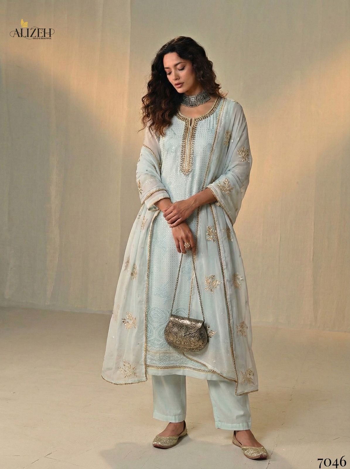 Alizeh 7046 To 7049 Georgette With Embroidered Work Kurti Pant And Dupatta Wholesale