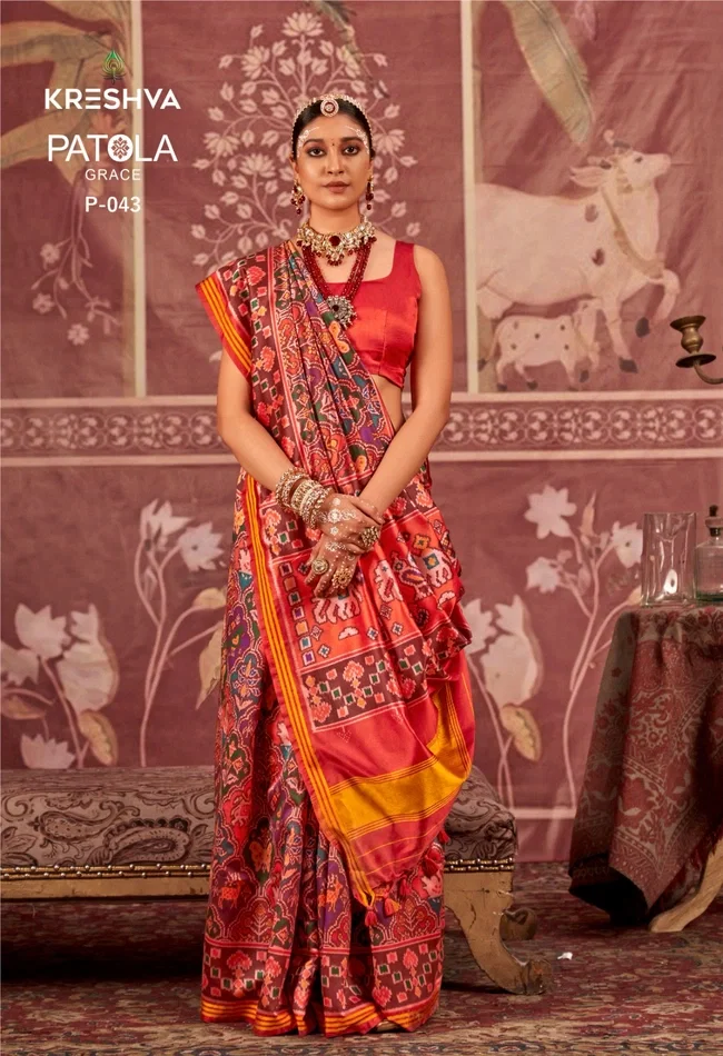 Latest Kreshva Patola Grace P.V.Silk With Weaving Border Saree Collection Wholesale 2026