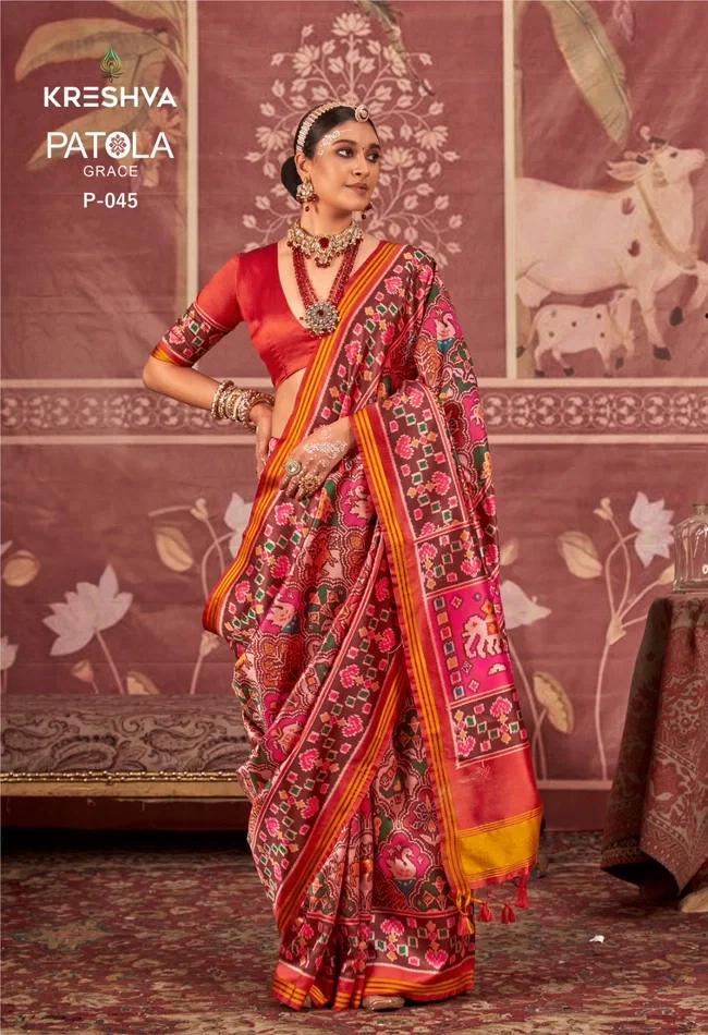 Latest Kreshva Patola Grace P.V.Silk With Weaving Border Saree Collection Wholesale 2026