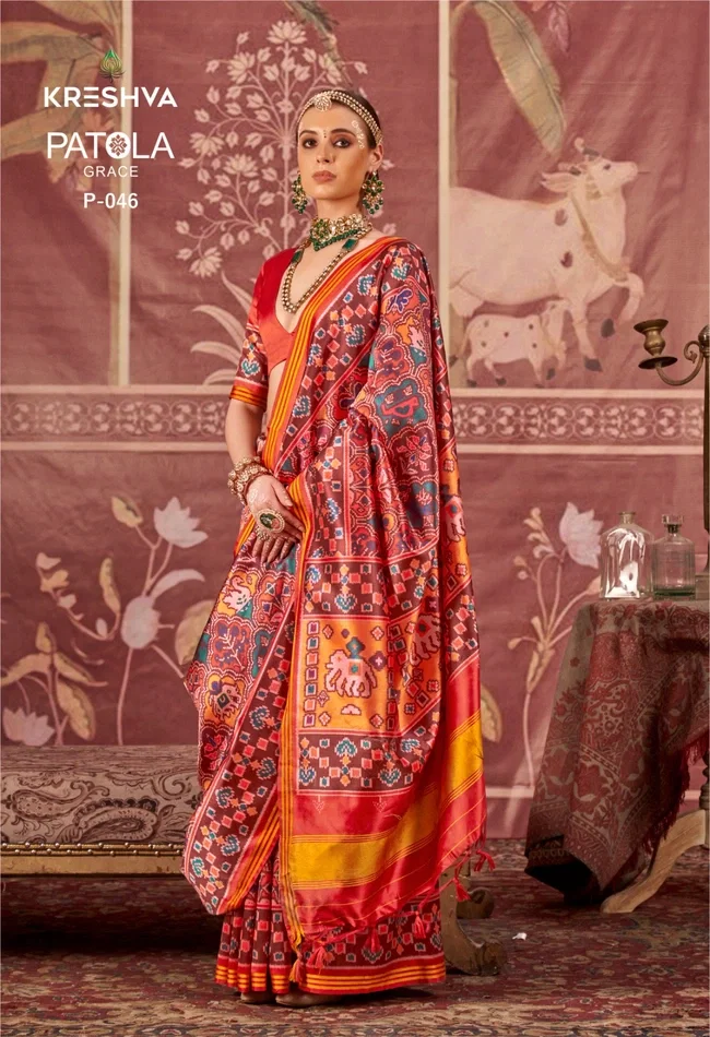 Latest Kreshva Patola Grace P.V.Silk With Weaving Border Saree Collection Wholesale 2026