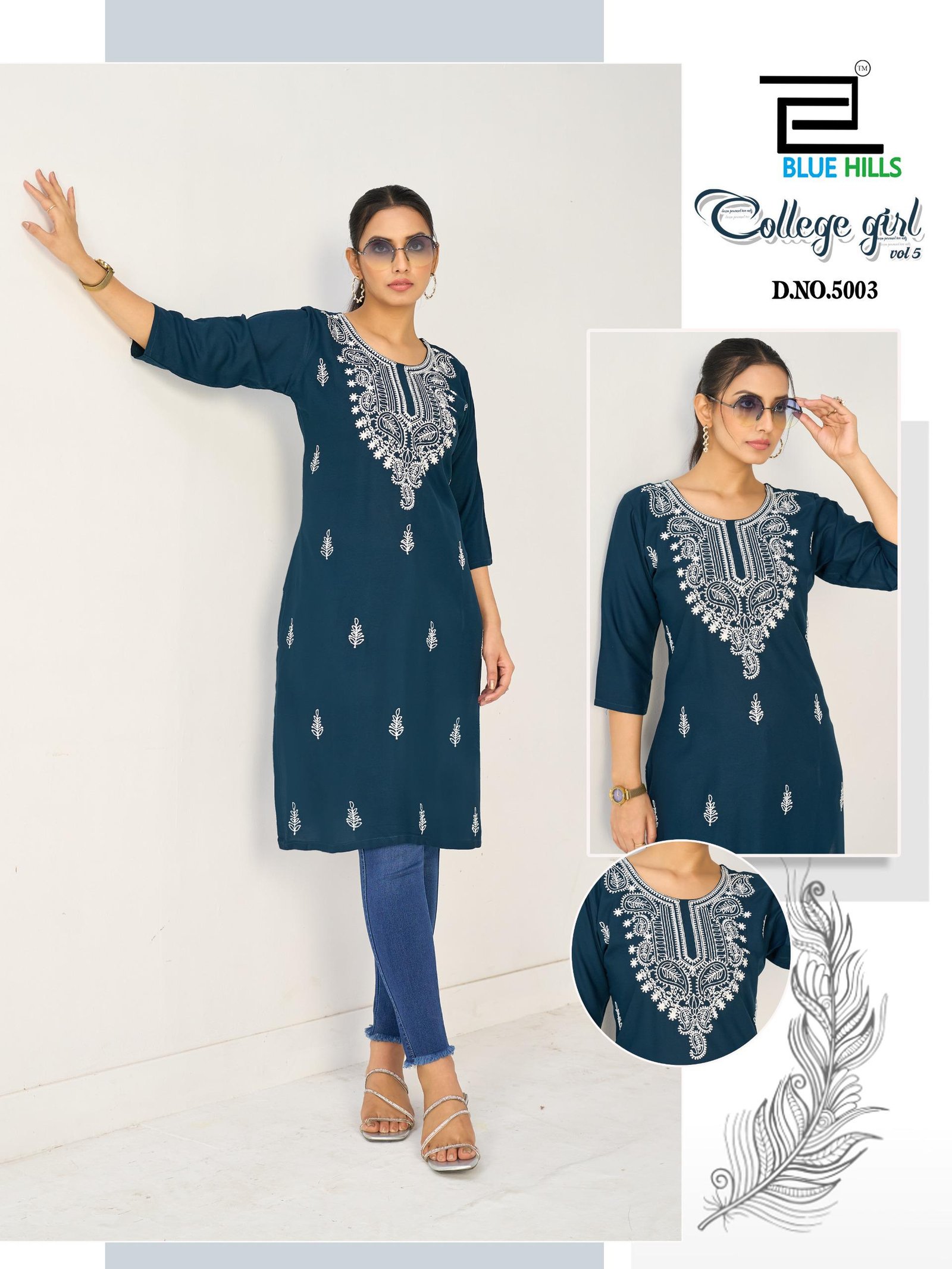 Beautiful Blue Hills College Girl Vol 5 Rayon Embroidery Casual Wear Kurti Collection Wholesale 2026