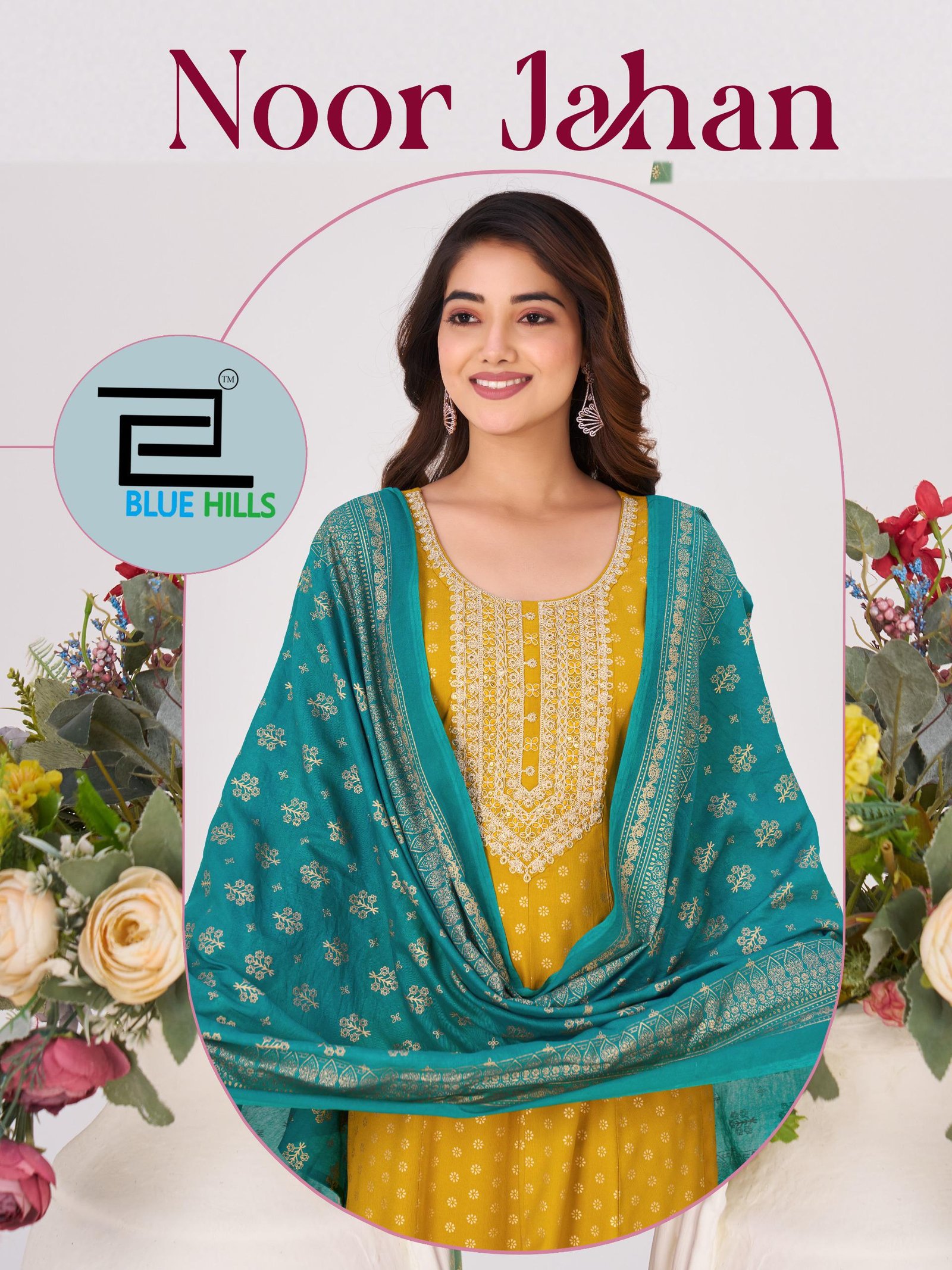 Blue Hills Noor Jahan Chanderi Foil Printed Embroidery Top Bottom And Dupatta Wholesale