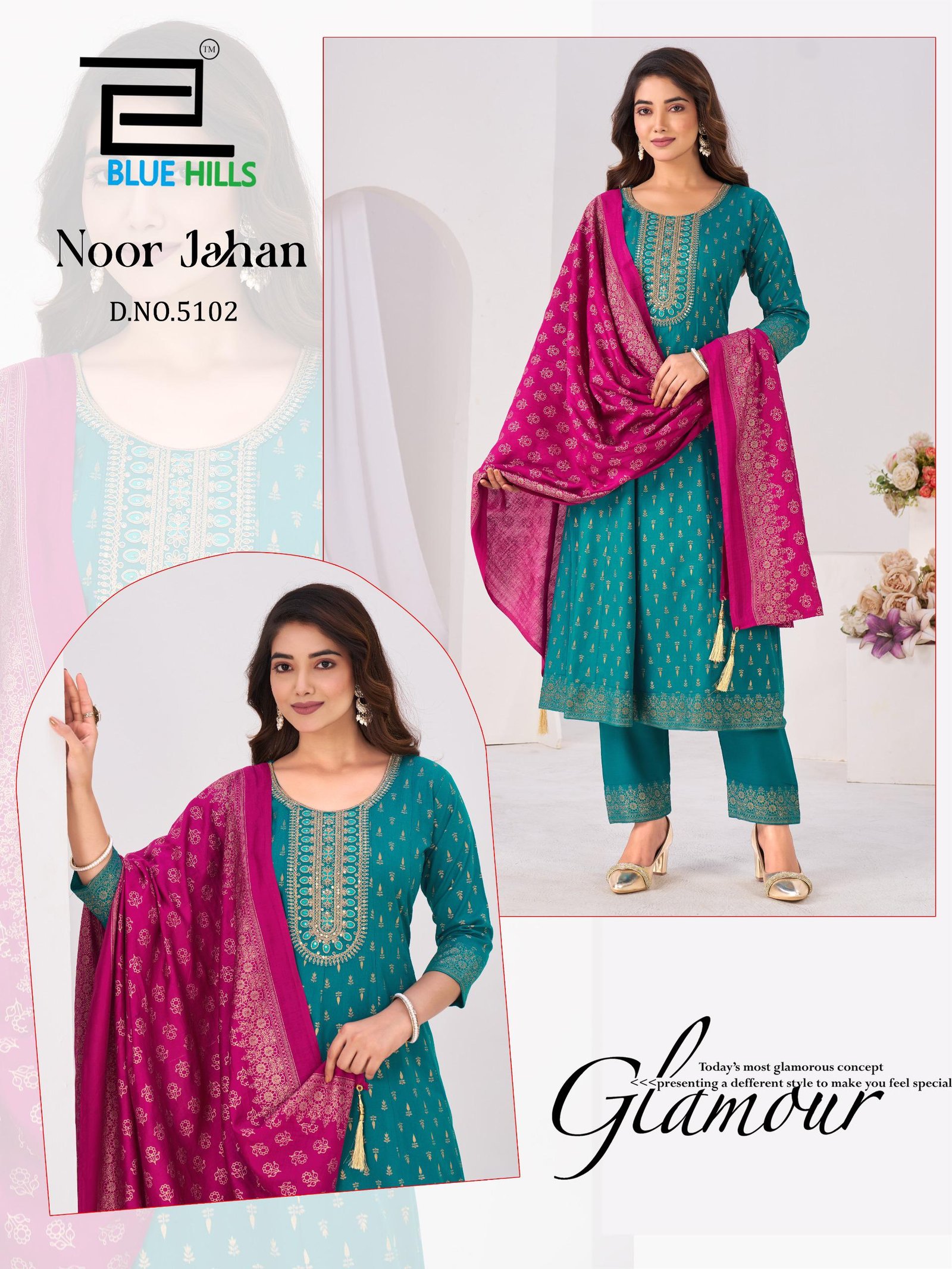 Latest Blue Hills Noor Jahan Chanderi Foil Printed Embroidery Top Bottom And Dupatta Wholesale 2026