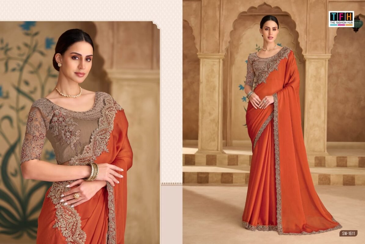 Beautiful TFH Sandal Wood 1600 Series Wedding Wear Heavy Work Saree Wholesale 2026