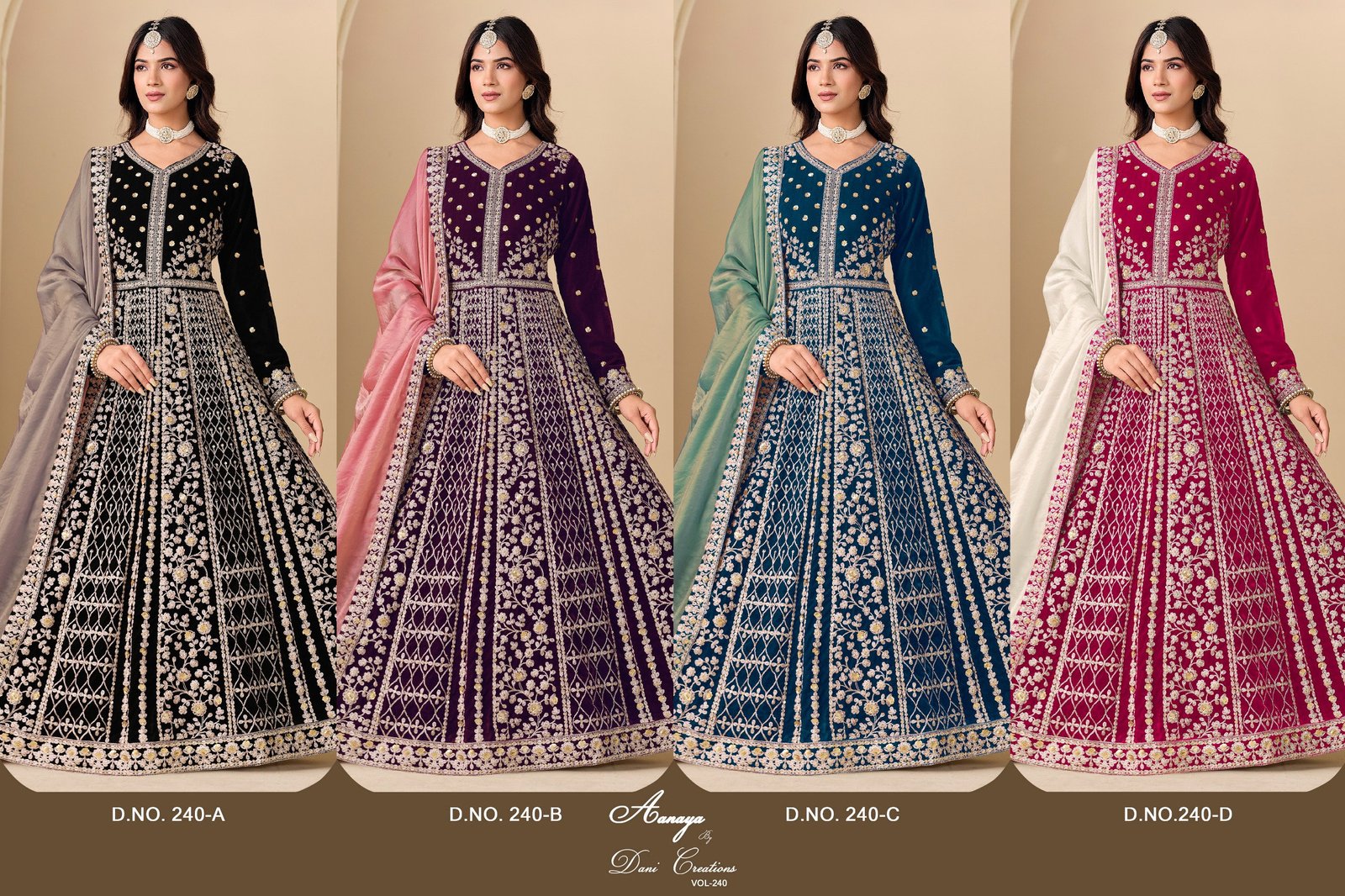 Aanaya Vol 240 Velvet With Designer Gown Bottom And Dupatta Collection Wholesale