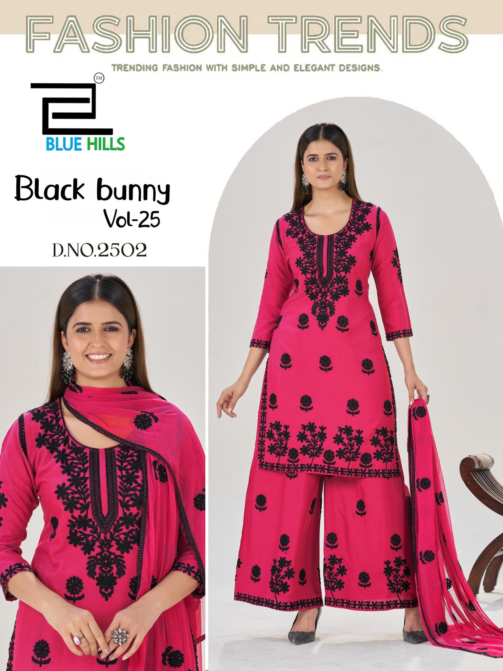Beautiful Blue Hills Black Bunny Vol 25 Rayon With Thread Work Kurti Pant And Dupatta Wholesale 2026