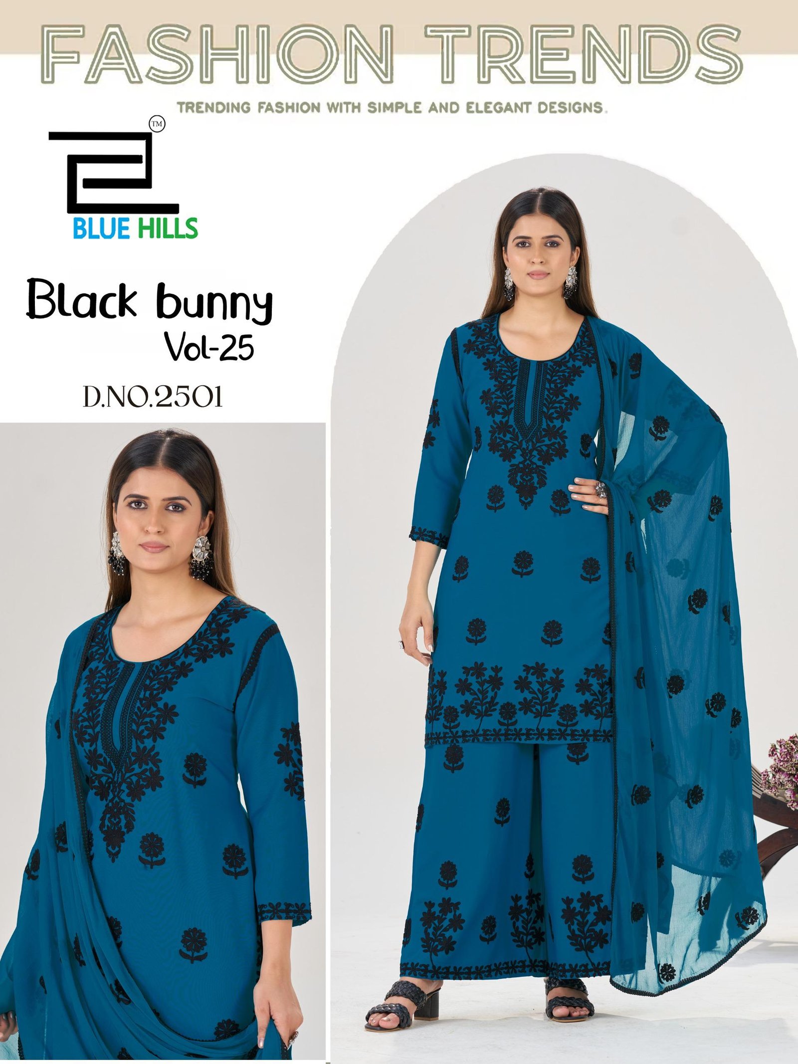 Beautiful Blue Hills Black Bunny Vol 25 Rayon With Thread Work Kurti Pant And Dupatta Wholesale 2026