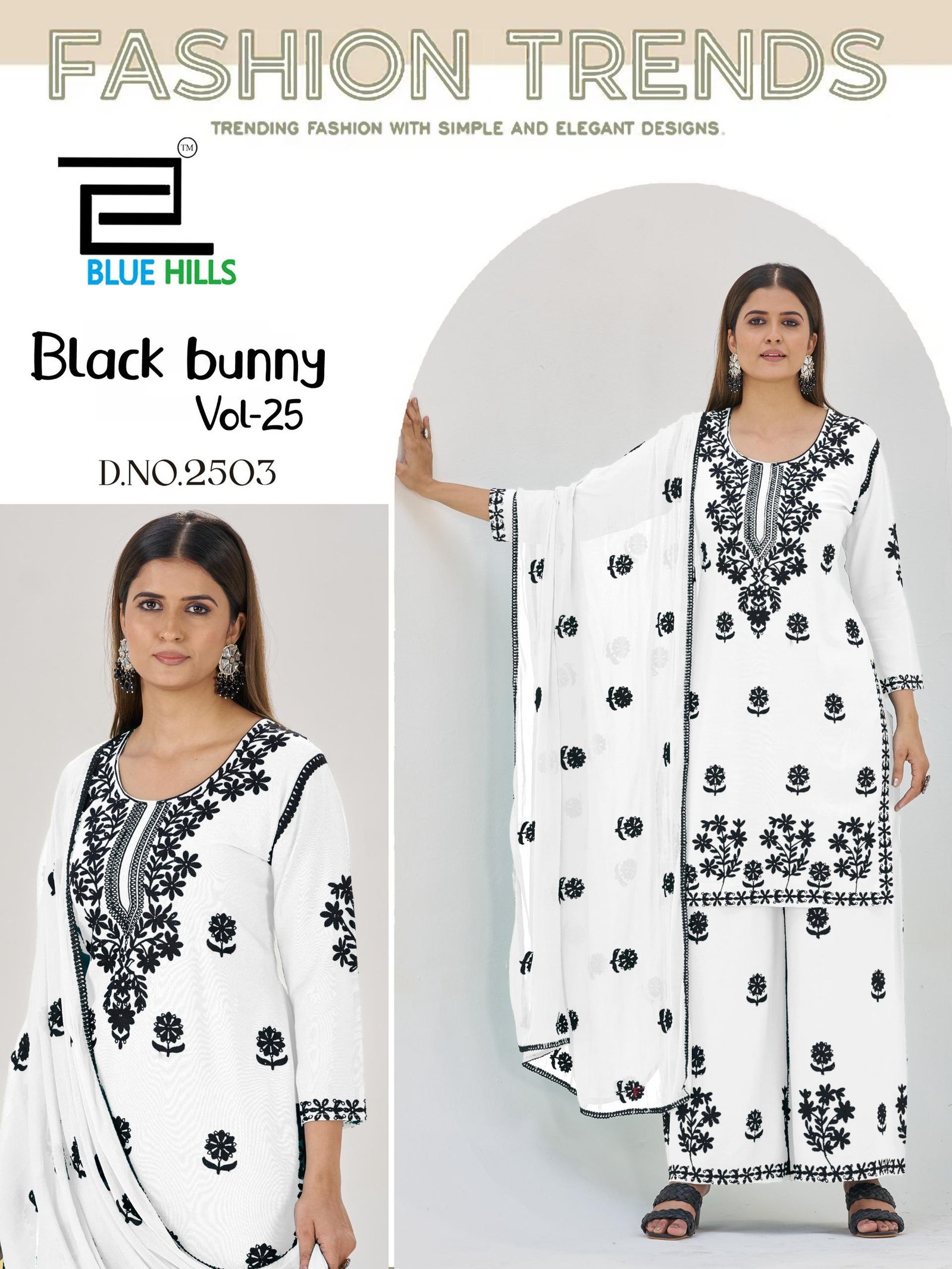 Beautiful Blue Hills Black Bunny Vol 25 Rayon With Thread Work Kurti Pant And Dupatta Wholesale 2026