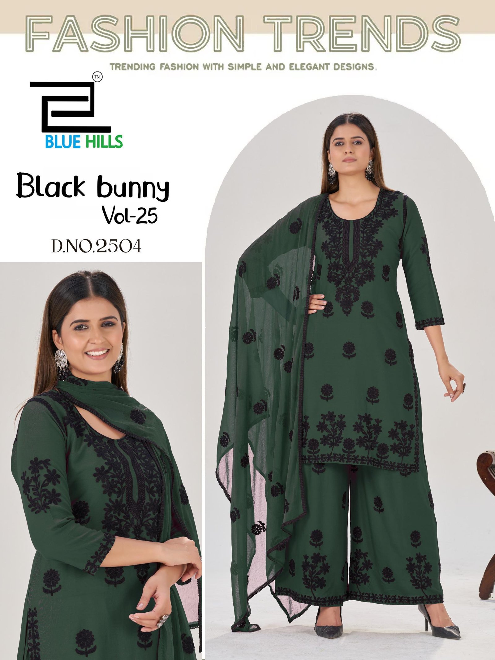 Beautiful Blue Hills Black Bunny Vol 25 Rayon With Thread Work Kurti Pant And Dupatta Wholesale 2026