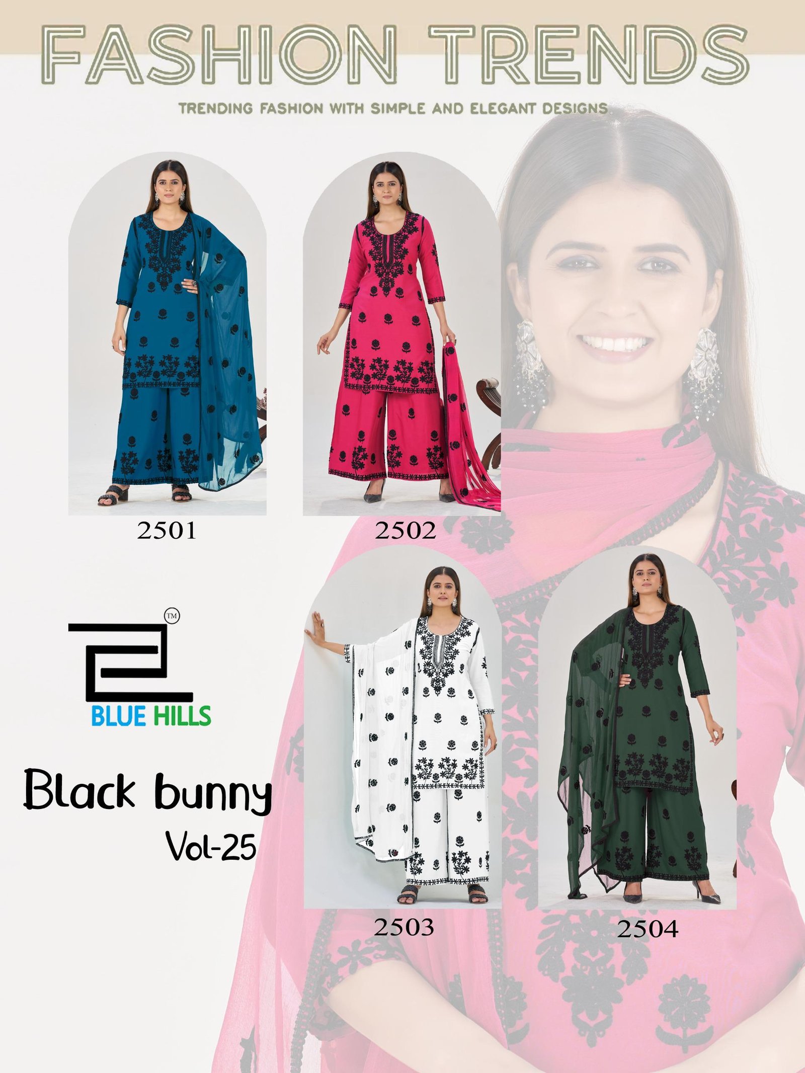 Beautiful Blue Hills Black Bunny Vol 25 Rayon With Thread Work Kurti Pant And Dupatta Wholesale 2026