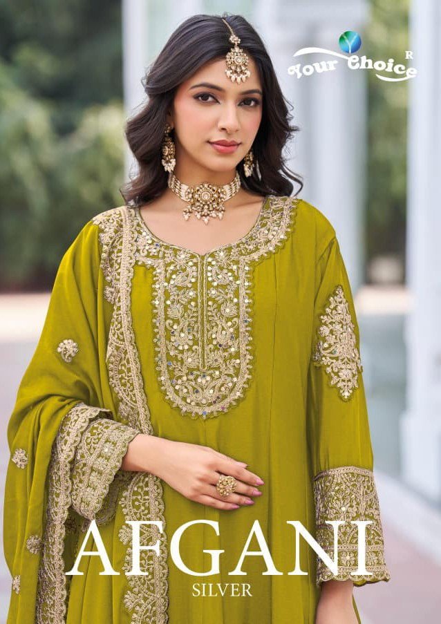 Your Choice Afgani Silver Chinon With Work Designer Salwar Kameez Wholesale