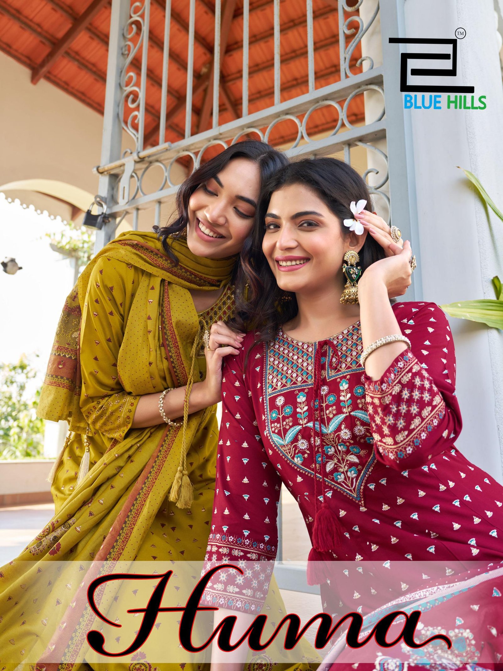 Blue Hills Huma Rayon Chanderi Foil Print Embroidery Kurti Bottom With Dupatta Wholesale