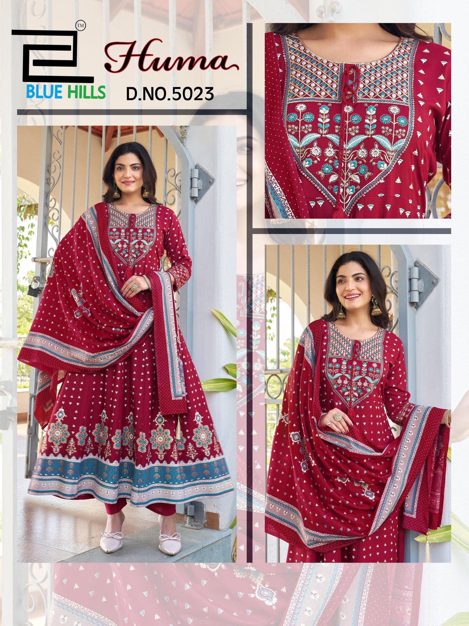 Launching Blue Hills Huma Rayon Chanderi Foil Print Embroidery Kurti Bottom With Dupatta Wholesale 2026