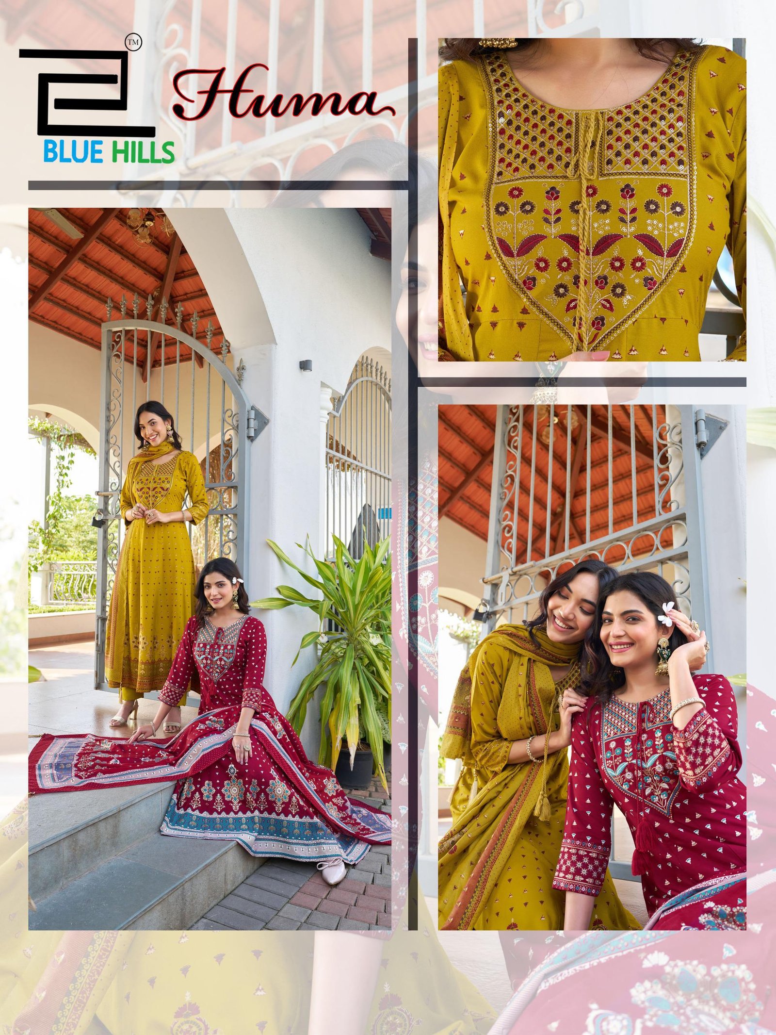 Launching Blue Hills Huma Rayon Chanderi Foil Print Embroidery Kurti Bottom With Dupatta Wholesale 2026