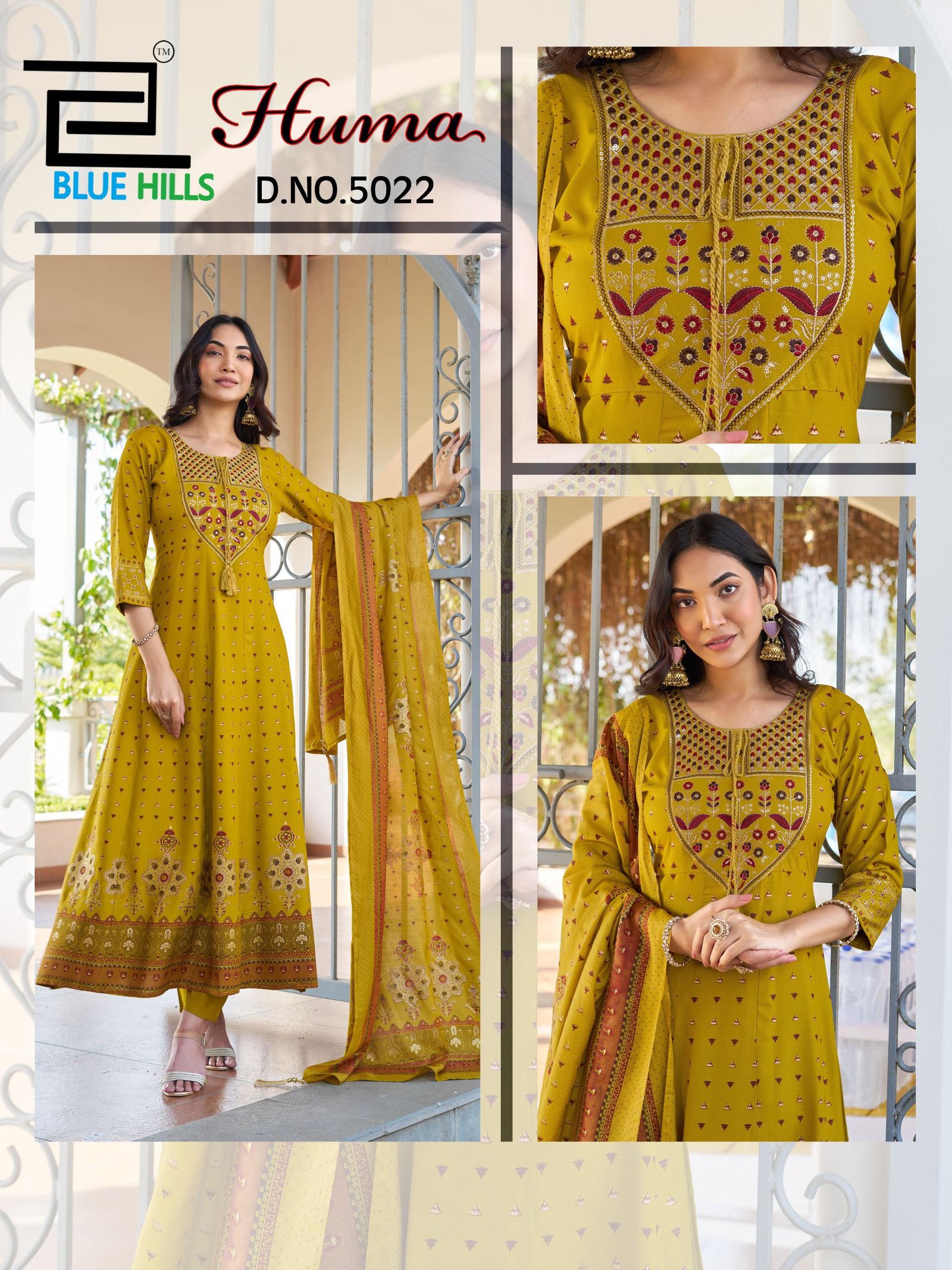 Launching Blue Hills Huma Rayon Chanderi Foil Print Embroidery Kurti Bottom With Dupatta Wholesale 2026