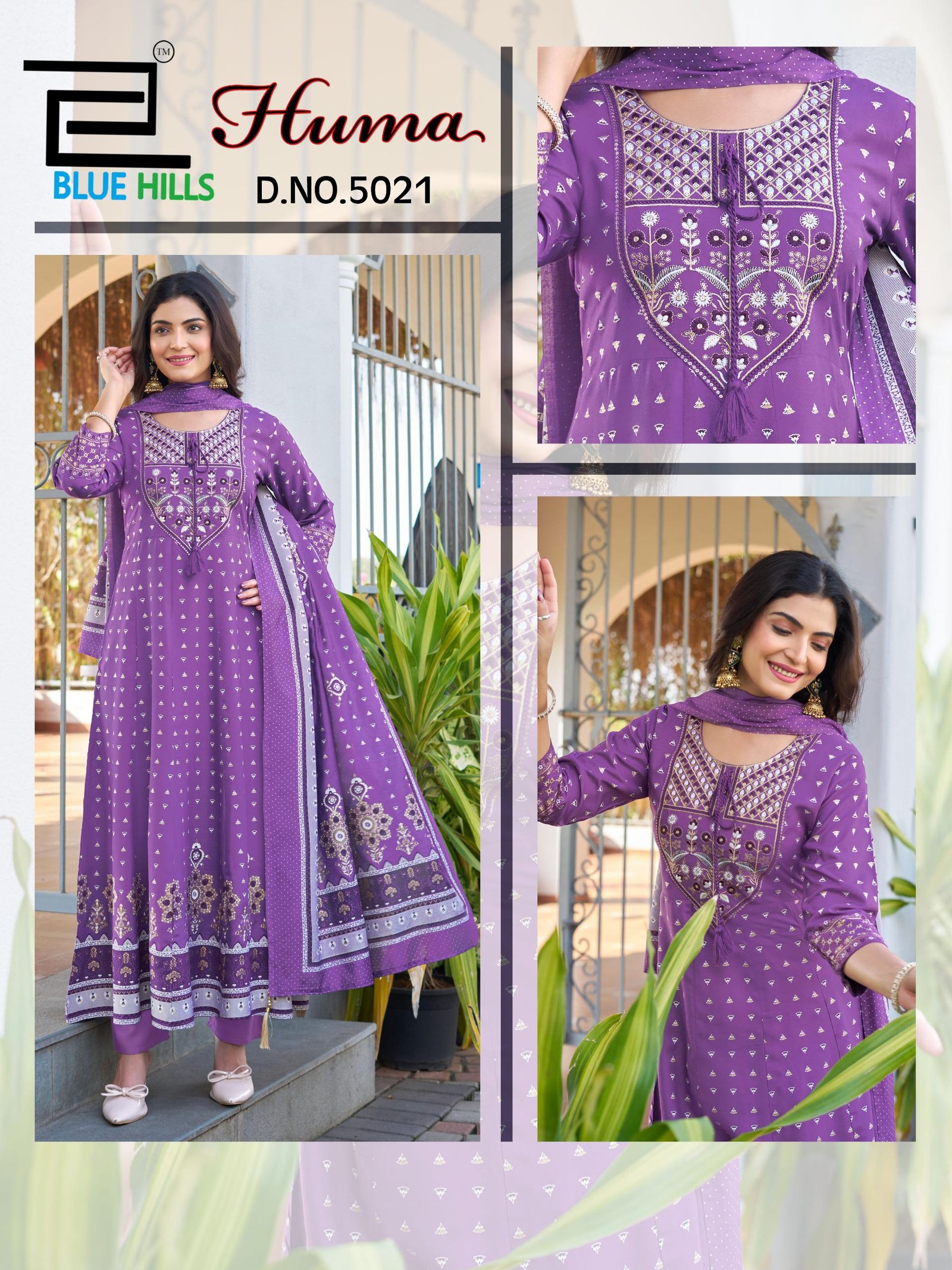 Launching Blue Hills Huma Rayon Chanderi Foil Print Embroidery Kurti Bottom With Dupatta Wholesale 2026