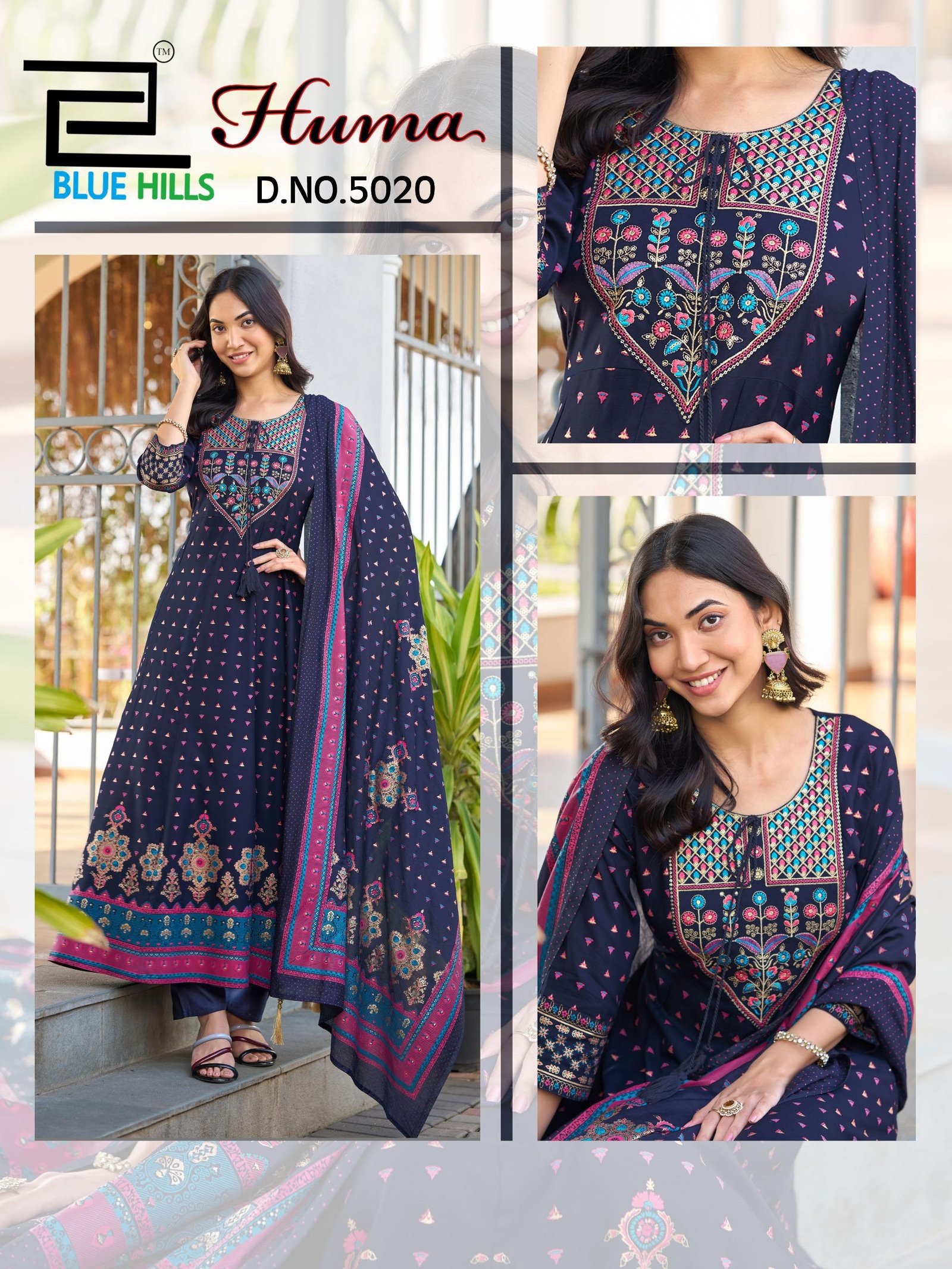 Launching Blue Hills Huma Rayon Chanderi Foil Print Embroidery Kurti Bottom With Dupatta Wholesale 2026